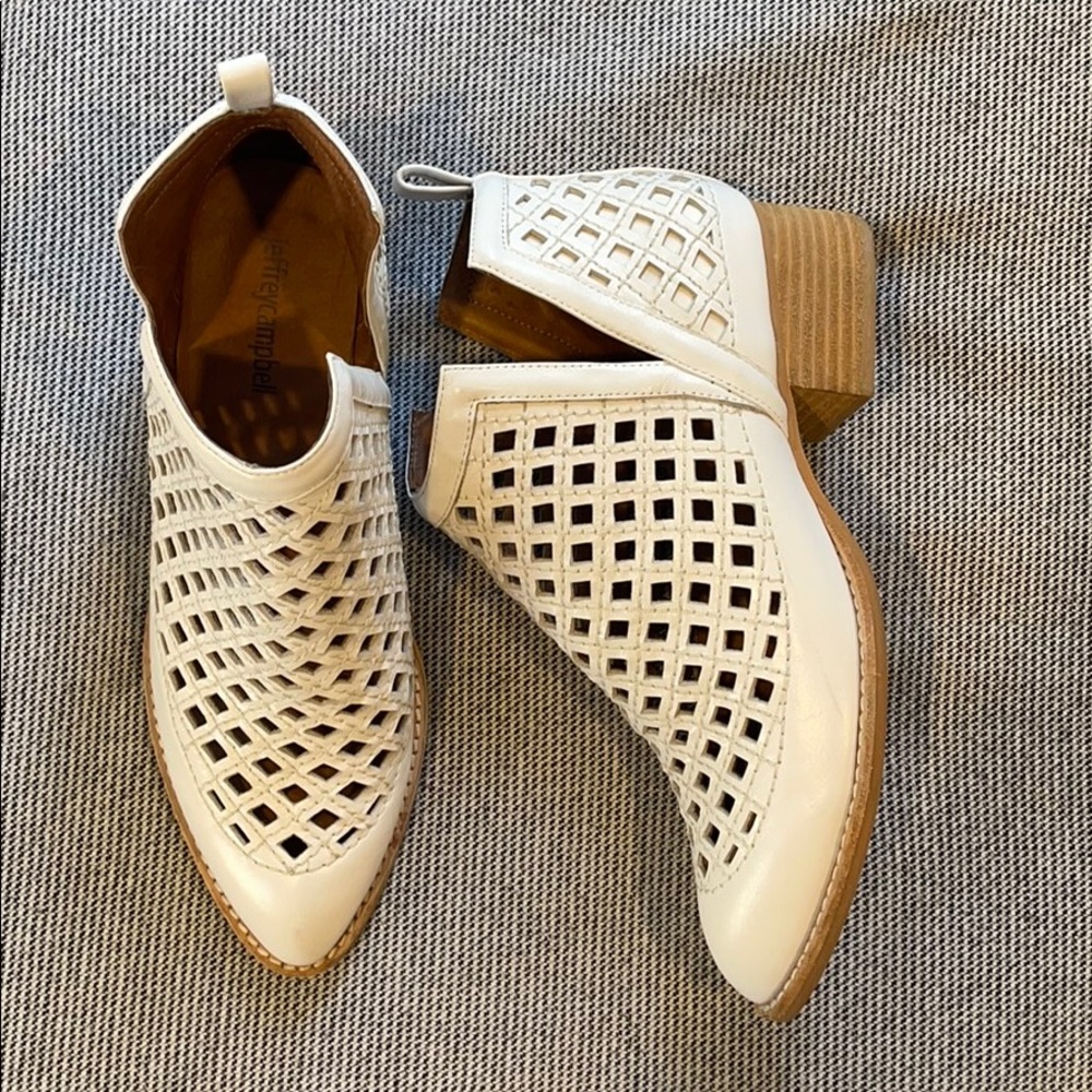 Jeffrey Campbell White Cutout Leather Ankle Booties with Tan Block Heel